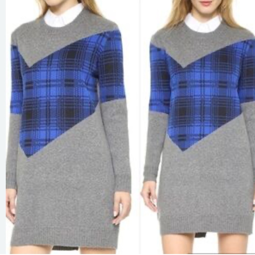 Sweater Dress‎ L Above Knee Gray With Asymetric Blue Plaid Detail Large - Picture 2 of 10